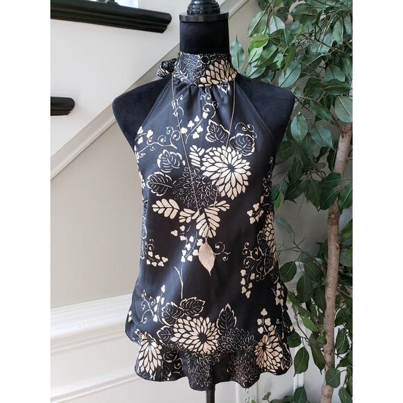 Voice Tank Top Womens XL Black Floral Sleeveless Keyhole Ruffle Trim Halter Neck - Picture 2 of 11